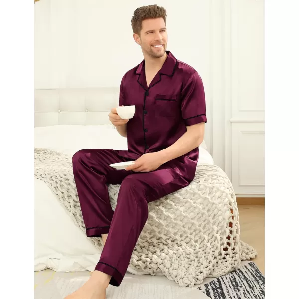 SWOMOG Mens Silk Satin Pajama Set Short Sleeve Classic Sleepwear Button Down Loungewear with Long PantsDeep Wine Red