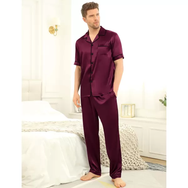 SWOMOG Mens Silk Satin Pajama Set Short Sleeve Classic Sleepwear Button Down Loungewear with Long PantsDeep Wine Red