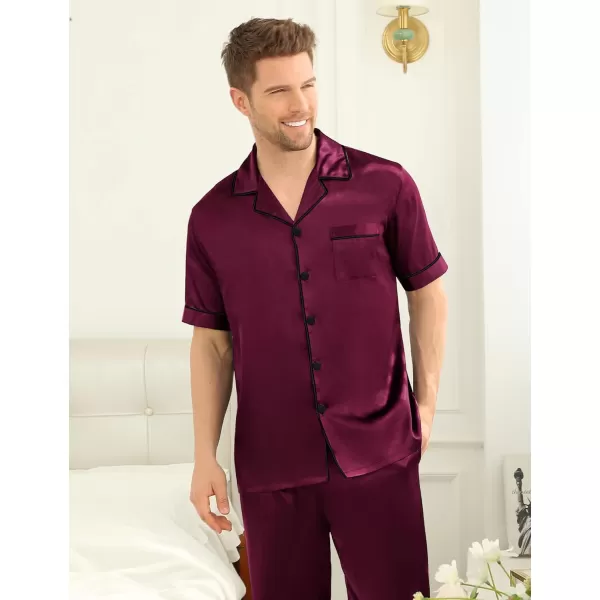 SWOMOG Mens Silk Satin Pajama Set Short Sleeve Classic Sleepwear Button Down Loungewear with Long PantsDeep Wine Red