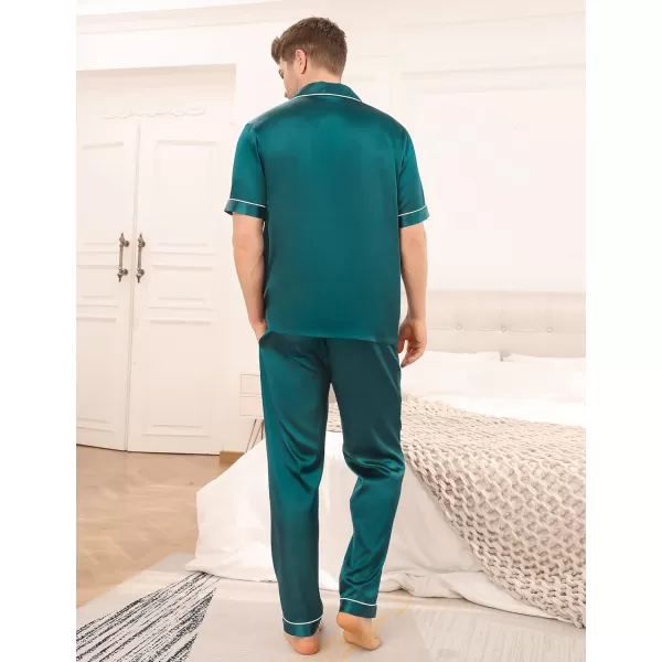 SWOMOG Mens Silk Satin Pajama Set Short Sleeve Classic Sleepwear Button Down Loungewear with Long PantsGreen