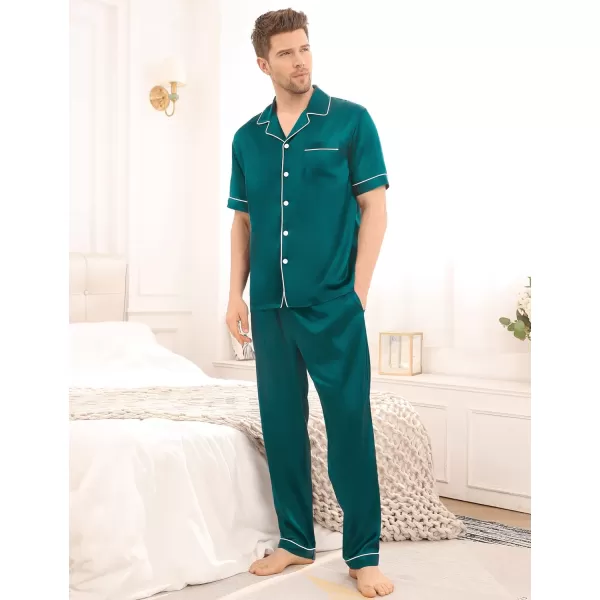 SWOMOG Mens Silk Satin Pajama Set Short Sleeve Classic Sleepwear Button Down Loungewear with Long PantsGreen