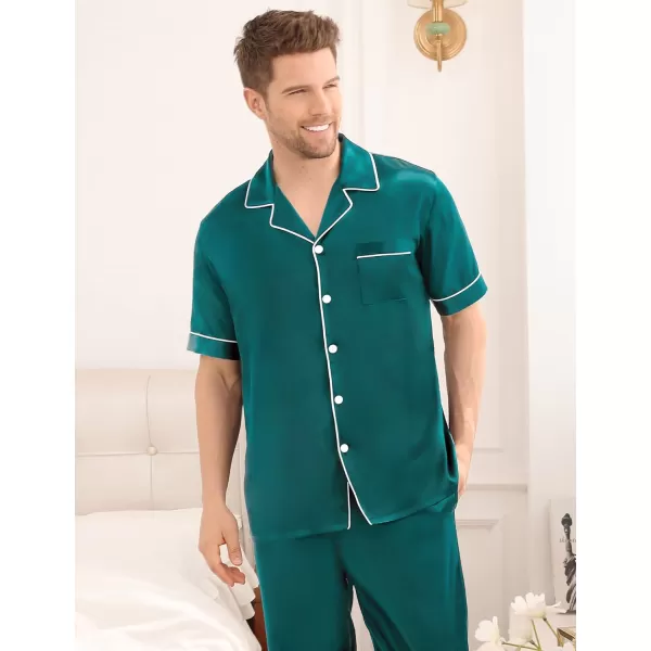 SWOMOG Mens Silk Satin Pajama Set Short Sleeve Classic Sleepwear Button Down Loungewear with Long PantsGreen