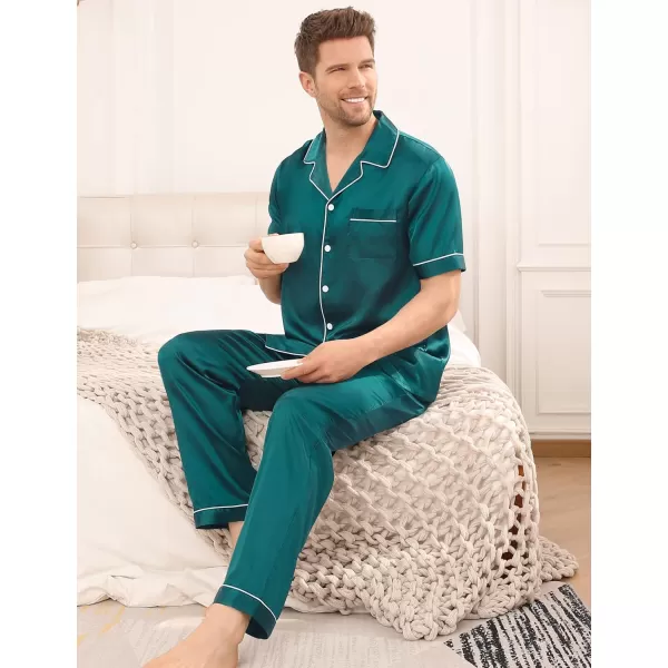 SWOMOG Mens Silk Satin Pajama Set Short Sleeve Classic Sleepwear Button Down Loungewear with Long PantsGreen