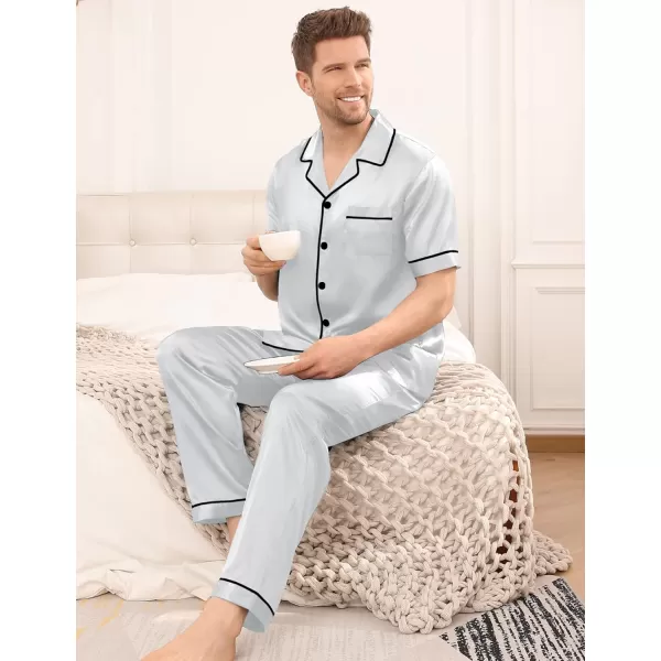 SWOMOG Mens Silk Satin Pajama Set Short Sleeve Classic Sleepwear Button Down Loungewear with Long PantsGrey