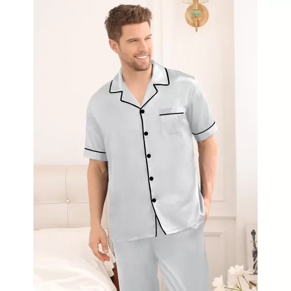 SWOMOG Mens Silk Satin Pajama Set Short Sleeve Classic Sleepwear Button Down Loungewear with Long PantsGrey