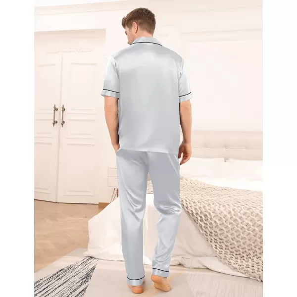 SWOMOG Mens Silk Satin Pajama Set Short Sleeve Classic Sleepwear Button Down Loungewear with Long PantsGrey