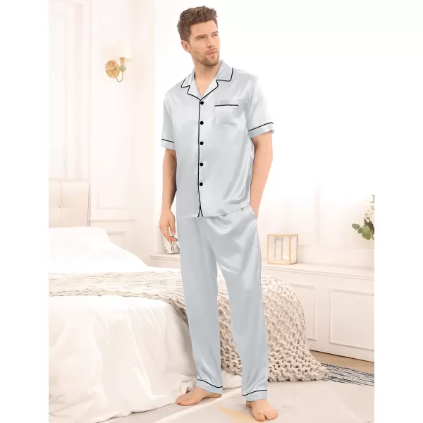 SWOMOG Mens Silk Satin Pajama Set Short Sleeve Classic Sleepwear Button Down Loungewear with Long PantsGrey