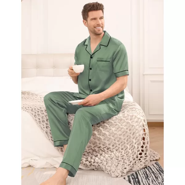 SWOMOG Mens Silk Satin Pajama Set Short Sleeve Classic Sleepwear Button Down Loungewear with Long PantsMatcha