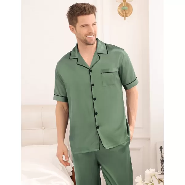 SWOMOG Mens Silk Satin Pajama Set Short Sleeve Classic Sleepwear Button Down Loungewear with Long PantsMatcha