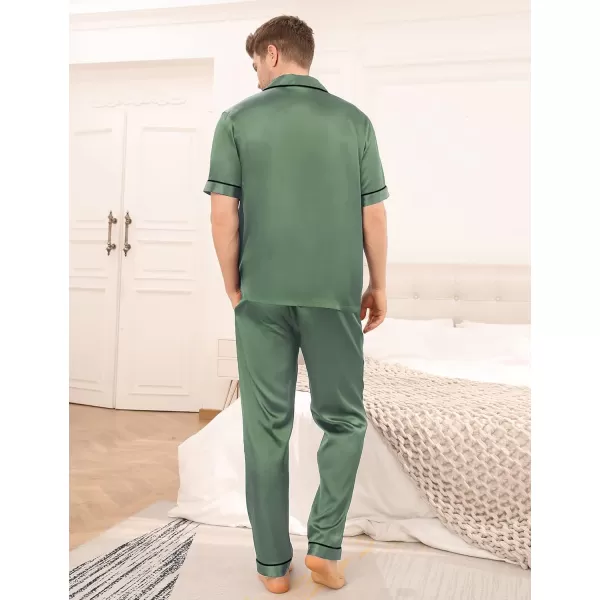 SWOMOG Mens Silk Satin Pajama Set Short Sleeve Classic Sleepwear Button Down Loungewear with Long PantsMatcha