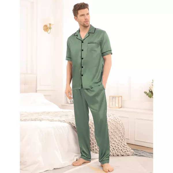 SWOMOG Mens Silk Satin Pajama Set Short Sleeve Classic Sleepwear Button Down Loungewear with Long PantsMatcha