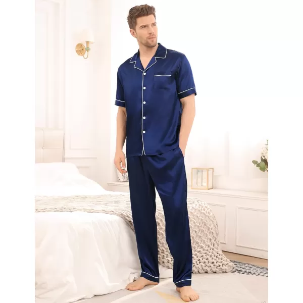 SWOMOG Mens Silk Satin Pajama Set Short Sleeve Classic Sleepwear Button Down Loungewear with Long PantsNavy Blue