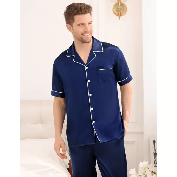 SWOMOG Mens Silk Satin Pajama Set Short Sleeve Classic Sleepwear Button Down Loungewear with Long PantsNavy Blue