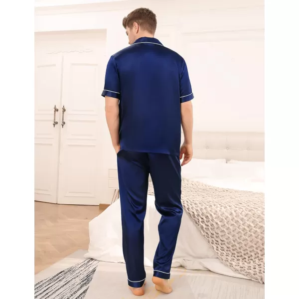 SWOMOG Mens Silk Satin Pajama Set Short Sleeve Classic Sleepwear Button Down Loungewear with Long PantsNavy Blue