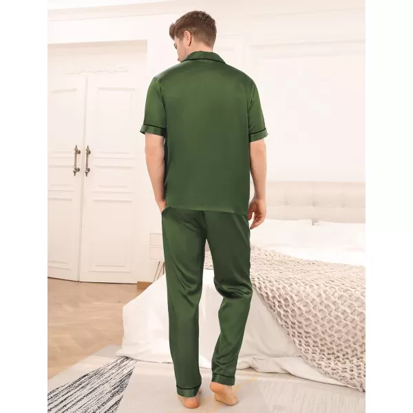 SWOMOG Mens Silk Satin Pajama Set Short Sleeve Classic Sleepwear Button Down Loungewear with Long PantsOlive Green