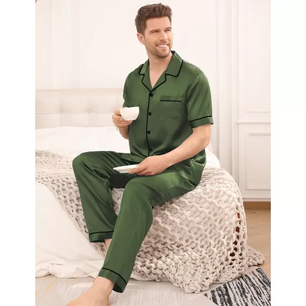 SWOMOG Mens Silk Satin Pajama Set Short Sleeve Classic Sleepwear Button Down Loungewear with Long PantsOlive Green