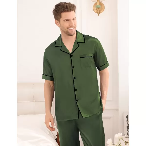 SWOMOG Mens Silk Satin Pajama Set Short Sleeve Classic Sleepwear Button Down Loungewear with Long PantsOlive Green