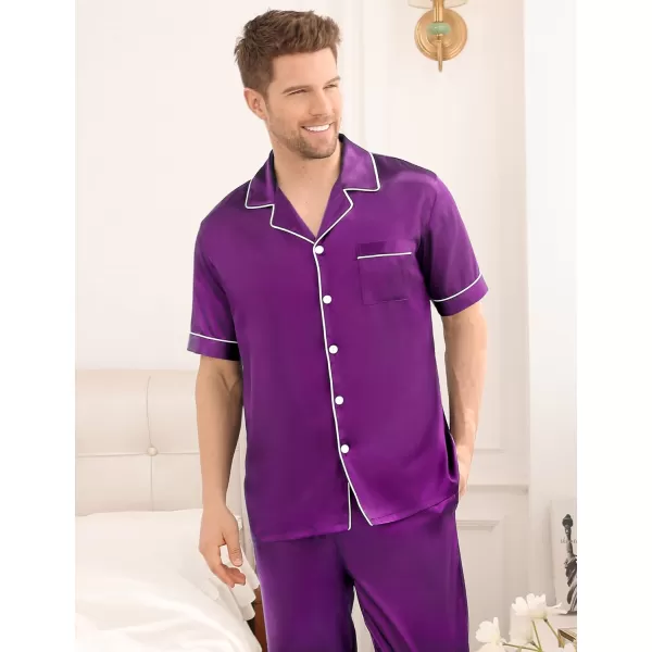 SWOMOG Mens Silk Satin Pajama Set Short Sleeve Classic Sleepwear Button Down Loungewear with Long PantsPurple