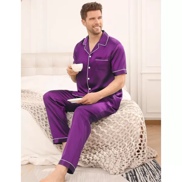 SWOMOG Mens Silk Satin Pajama Set Short Sleeve Classic Sleepwear Button Down Loungewear with Long PantsPurple