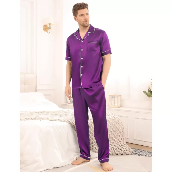 SWOMOG Mens Silk Satin Pajama Set Short Sleeve Classic Sleepwear Button Down Loungewear with Long PantsPurple