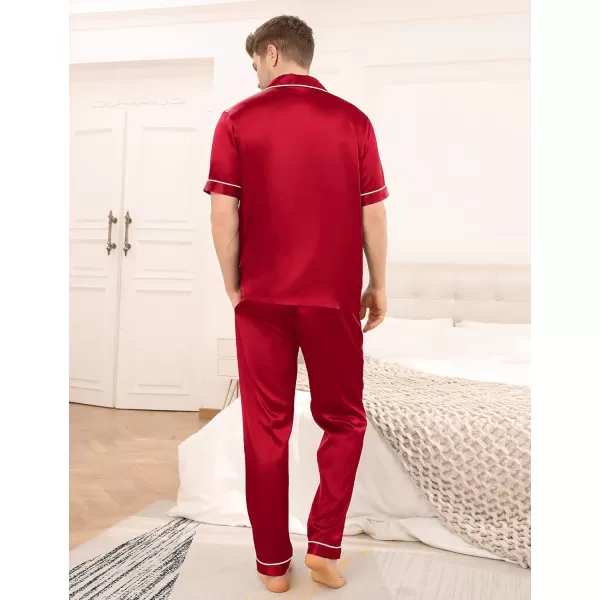 SWOMOG Mens Silk Satin Pajama Set Short Sleeve Classic Sleepwear Button Down Loungewear with Long PantsRed