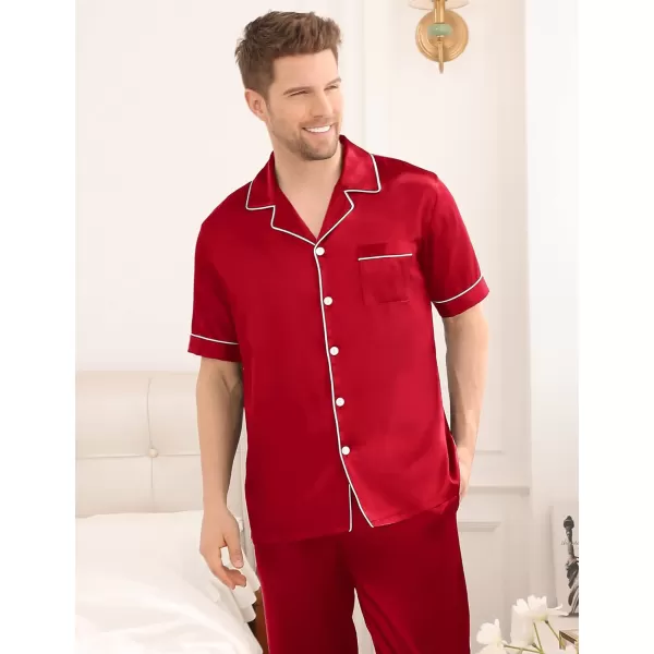 SWOMOG Mens Silk Satin Pajama Set Short Sleeve Classic Sleepwear Button Down Loungewear with Long PantsRed