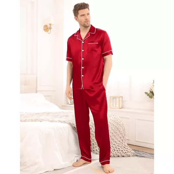 SWOMOG Mens Silk Satin Pajama Set Short Sleeve Classic Sleepwear Button Down Loungewear with Long PantsRed