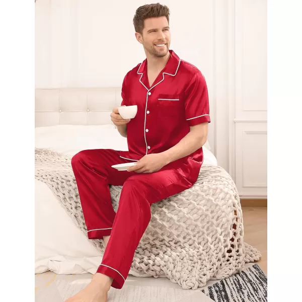 SWOMOG Mens Silk Satin Pajama Set Short Sleeve Classic Sleepwear Button Down Loungewear with Long PantsRed