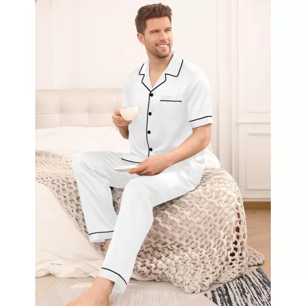 SWOMOG Mens Silk Satin Pajama Set Short Sleeve Classic Sleepwear Button Down Loungewear with Long PantsWhite