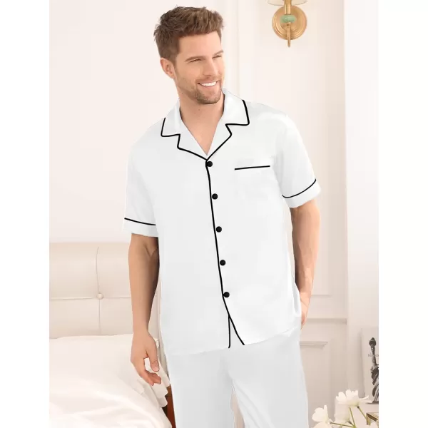 SWOMOG Mens Silk Satin Pajama Set Short Sleeve Classic Sleepwear Button Down Loungewear with Long PantsWhite