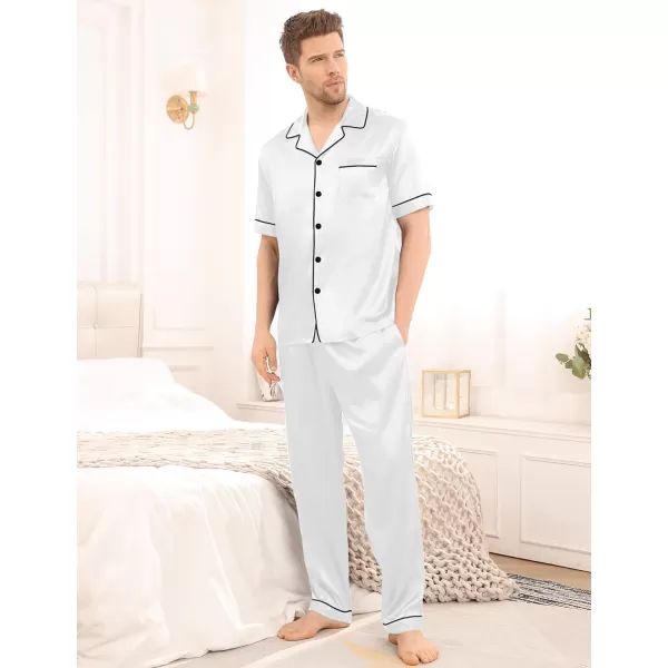 SWOMOG Mens Silk Satin Pajama Set Short Sleeve Classic Sleepwear Button Down Loungewear with Long PantsWhite