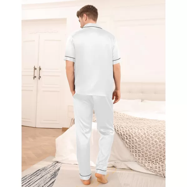 SWOMOG Mens Silk Satin Pajama Set Short Sleeve Classic Sleepwear Button Down Loungewear with Long PantsWhite