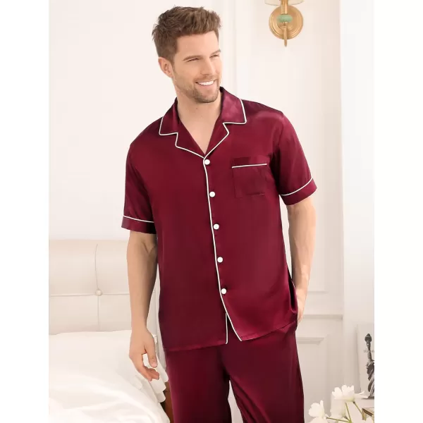 SWOMOG Mens Silk Satin Pajama Set Short Sleeve Classic Sleepwear Button Down Loungewear with Long PantsWine Red