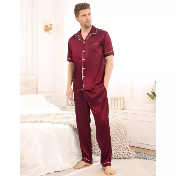 SWOMOG Mens Silk Satin Pajama Set Short Sleeve Classic Sleepwear Button Down Loungewear with Long PantsWine Red