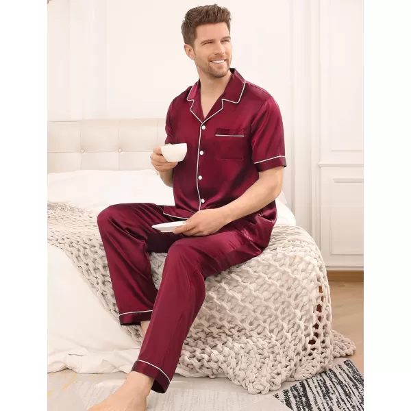 SWOMOG Mens Silk Satin Pajama Set Short Sleeve Classic Sleepwear Button Down Loungewear with Long PantsWine Red