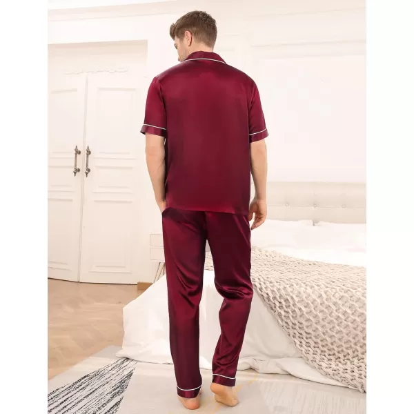 SWOMOG Mens Silk Satin Pajama Set Short Sleeve Classic Sleepwear Button Down Loungewear with Long PantsWine Red