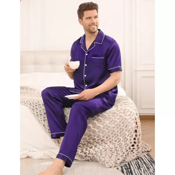 SWOMOG Mens Silk Satin Pajama Set Short Sleeve Classic Sleepwear Button Down Loungewear with Long PantsWineberry