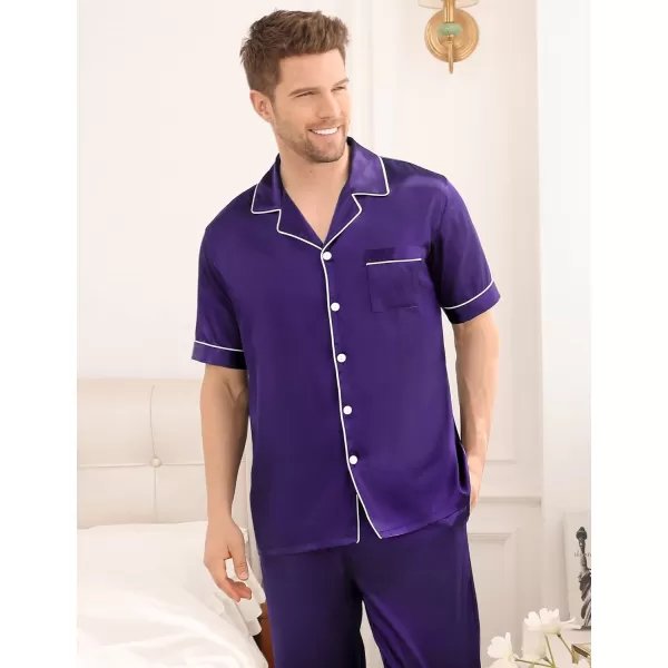 SWOMOG Mens Silk Satin Pajama Set Short Sleeve Classic Sleepwear Button Down Loungewear with Long PantsWineberry