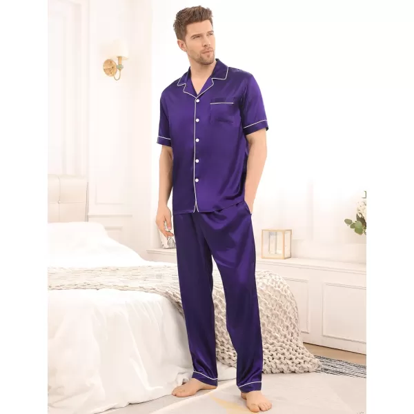 SWOMOG Mens Silk Satin Pajama Set Short Sleeve Classic Sleepwear Button Down Loungewear with Long PantsWineberry