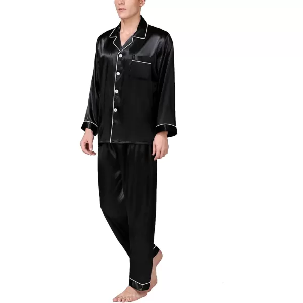 SWOMOG Mens Silk Satin Pajamas Long Sleeve Loungewear Twopiece Sleepwear ButtonDown Pj SetBlack