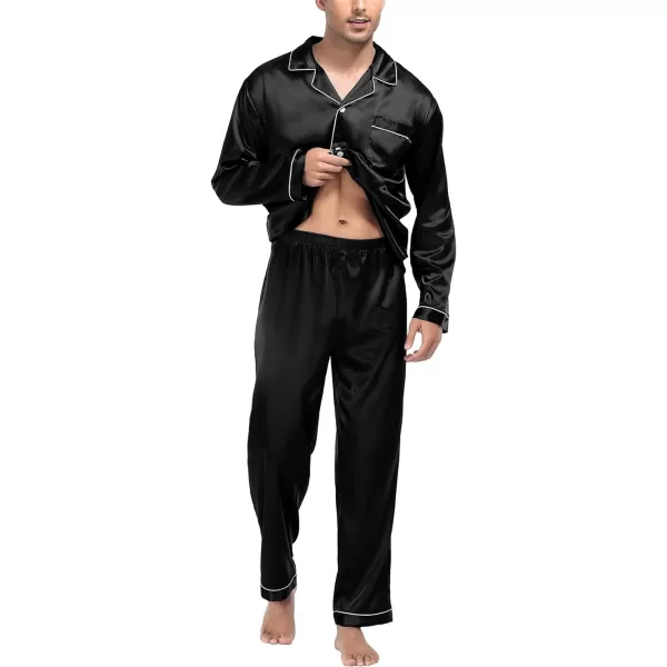 SWOMOG Mens Silk Satin Pajamas Long Sleeve Loungewear Twopiece Sleepwear ButtonDown Pj SetBlack