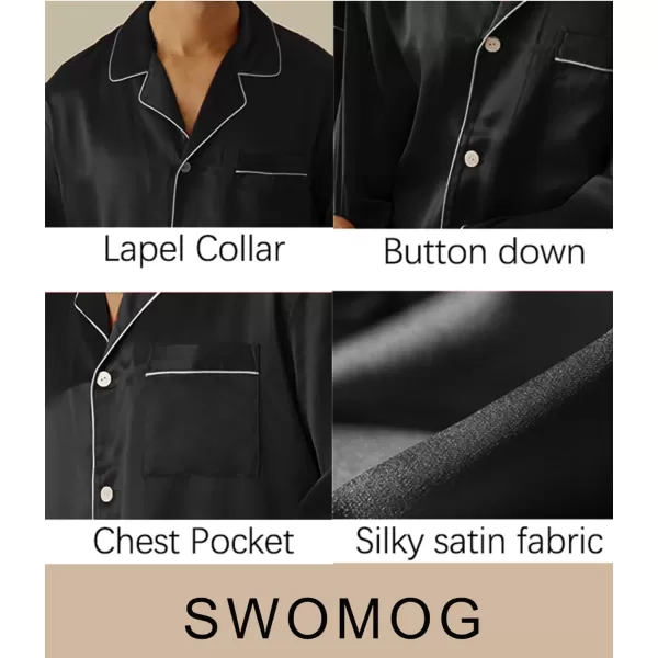 SWOMOG Mens Silk Satin Pajamas Long Sleeve Loungewear Twopiece Sleepwear ButtonDown Pj SetBlack