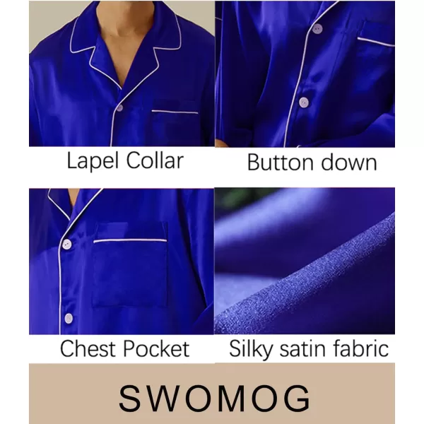 SWOMOG Mens Silk Satin Pajamas Long Sleeve Loungewear Twopiece Sleepwear ButtonDown Pj SetBlue