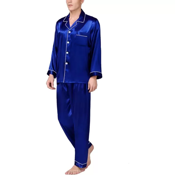 SWOMOG Mens Silk Satin Pajamas Long Sleeve Loungewear Twopiece Sleepwear ButtonDown Pj SetBlue