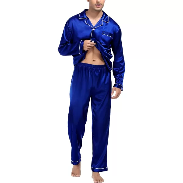 SWOMOG Mens Silk Satin Pajamas Long Sleeve Loungewear Twopiece Sleepwear ButtonDown Pj SetBlue