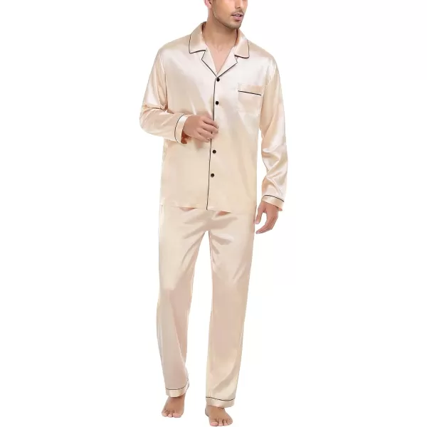 SWOMOG Mens Silk Satin Pajamas Long Sleeve Loungewear Twopiece Sleepwear ButtonDown Pj SetChampagne