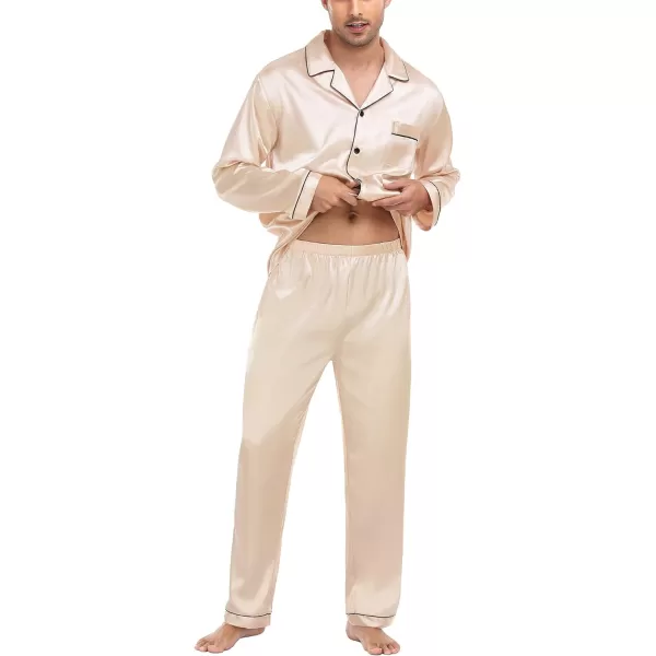 SWOMOG Mens Silk Satin Pajamas Long Sleeve Loungewear Twopiece Sleepwear ButtonDown Pj SetChampagne