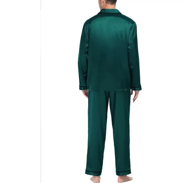 SWOMOG Mens Silk Satin Pajamas Long Sleeve Loungewear Twopiece Sleepwear ButtonDown Pj SetDeep Green