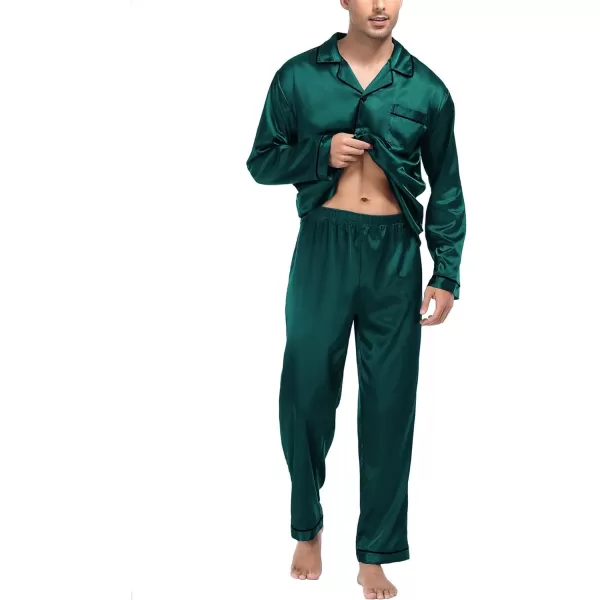 SWOMOG Mens Silk Satin Pajamas Long Sleeve Loungewear Twopiece Sleepwear ButtonDown Pj SetDeep Green