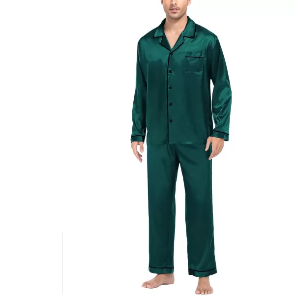 SWOMOG Mens Silk Satin Pajamas Long Sleeve Loungewear Twopiece Sleepwear ButtonDown Pj SetDeep Green